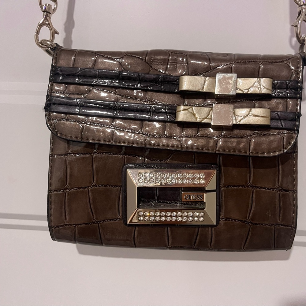Guess Croc-Embossed Crossbody Bag in Brown and Black